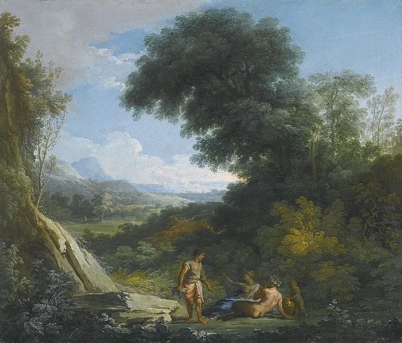 Un faun e una ninfa adagiati in un paesaggio